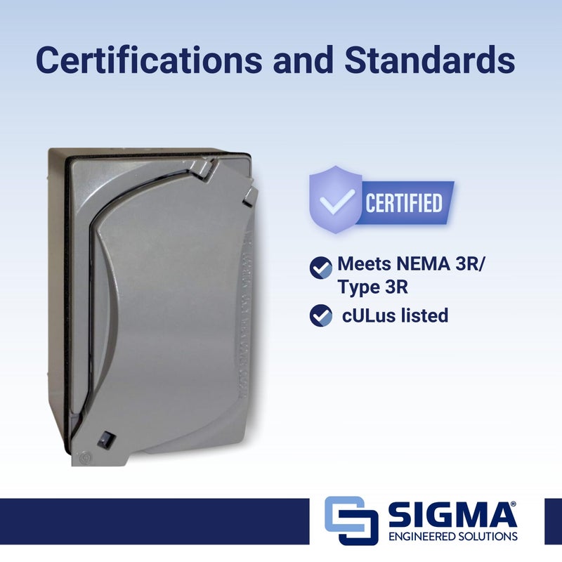 Sigma Engineered Solutions 16449 Universal Metal Weatherproof Outdoor Electrical Outlet Kit with Universal Cover, Box and 15 Amp GFCI Receptacle, Gray, 1 Gang, Lockable with Corner Hinge - Image 3